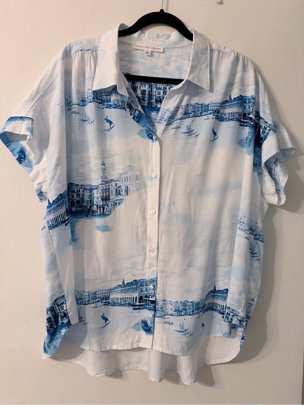 Jane + Delancey Blue & White Scenic Print Short-Sleeve Button-Up Shirt Sz XL